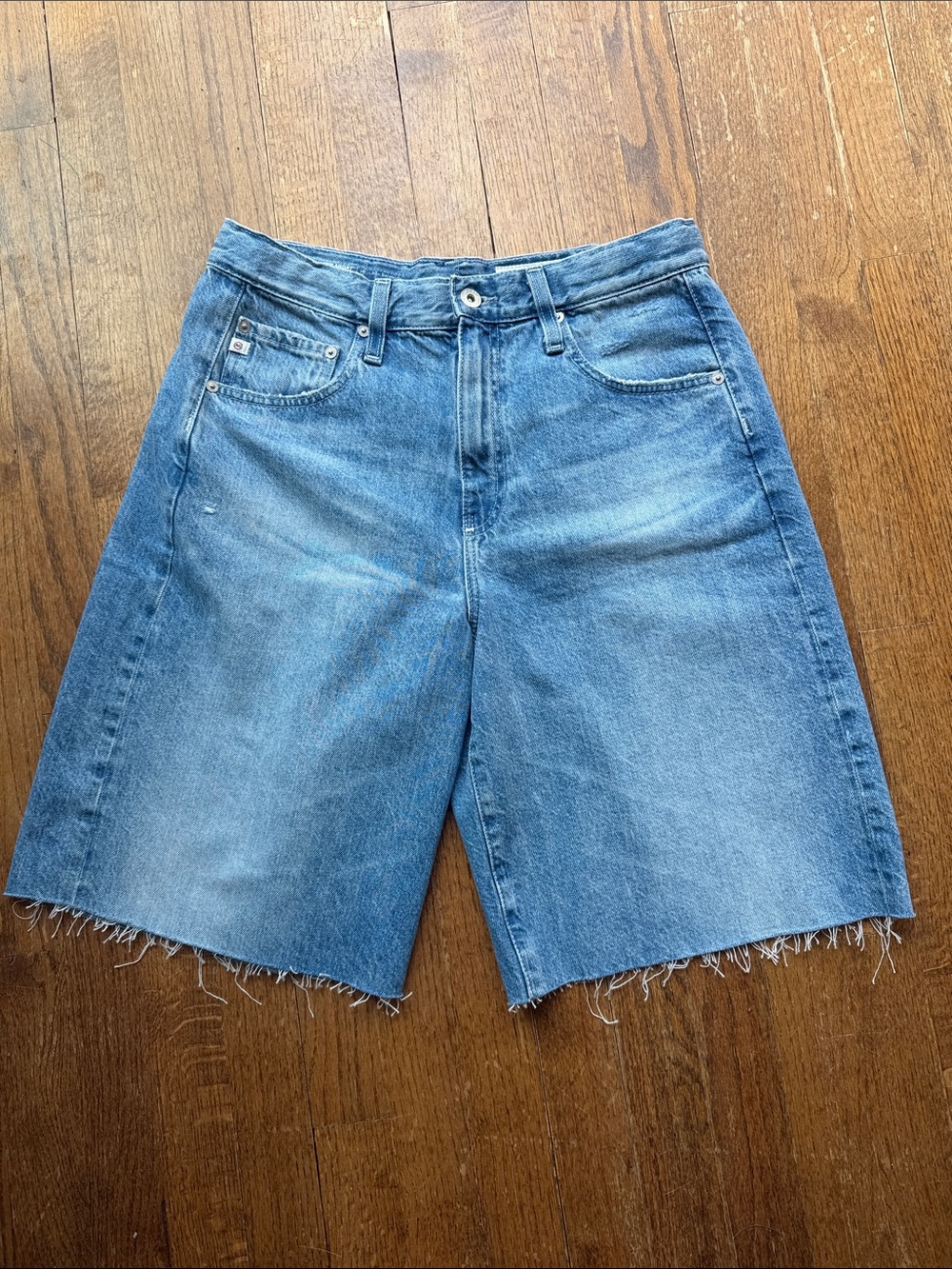 Women's High-Rise Blue Denim Bermuda Shorts with Frayed Hem